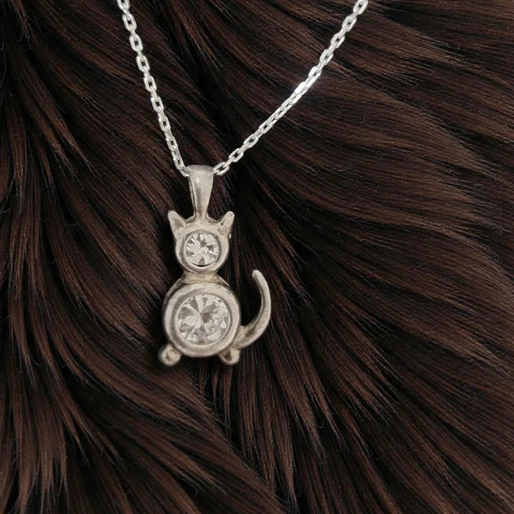 🐈Vintage 925 Sterling Silver Cubic Zirconia CZ Kitty Cat Necklace